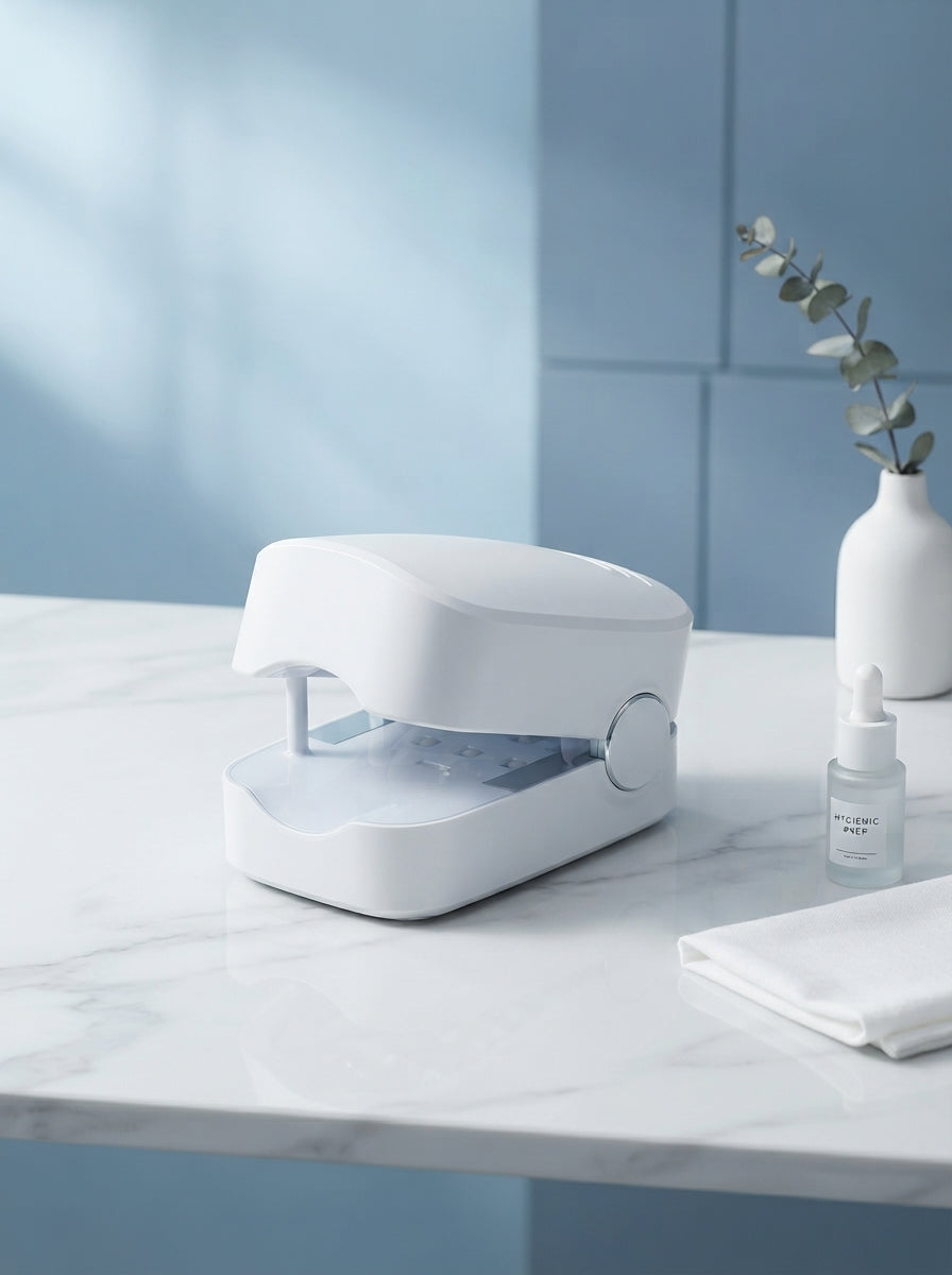 A sleek portable laser nail treatment device resting on a clean white surface with soft blue and slate background tones.